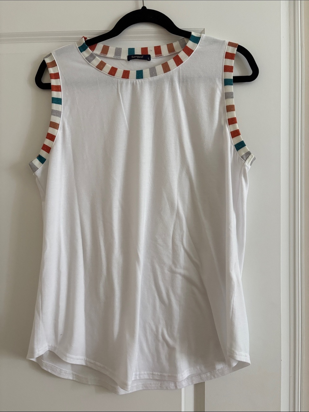 Cute White Tank Top with Multi-Color Stripe Trim